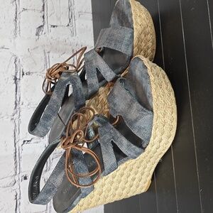 Stuart Weitzman Denim and Tan Espadrilles-Style Wedge Sandals Size 8.5
